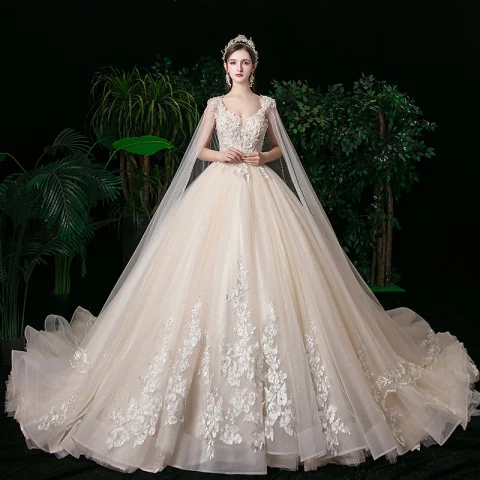 Romantisch Champagner Durchsichtige Hochzeits Brautkleider / Hochzeitskleider 2020 Ballkleid Rundhalsausschnitt Ärmellos Rückenfreies Applikationen Spitze Perlenstickerei Glanz Tülle Watteau-falte Rüschen