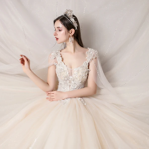 Romantic Champagne See-through Bridal Wedding Dresses 2020 Ball Gown Scoop Neck Sleeveless Backless Appliques Lace Beading Glitter Tulle Watteau Train Ruffle