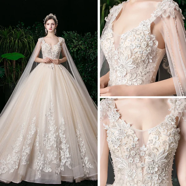 Romantic Champagne See-through Bridal Wedding Dresses 2020 Ball Gown Scoop Neck Sleeveless Backless Appliques Lace Beading Glitter Tulle Watteau Train Ruffle