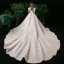 Élégant Champagne Transparentes La Mariée Robe De Mariée 2020 Robe Boule Encolure Carrée Manches Courtes Dos Nu Appliques En Dentelle Glitter Tulle Perlage Cathedral Train Volants