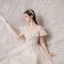 Élégant Champagne Transparentes La Mariée Robe De Mariée 2020 Robe Boule Encolure Carrée Manches Courtes Dos Nu Appliques En Dentelle Glitter Tulle Perlage Cathedral Train Volants