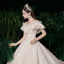 Élégant Champagne Transparentes La Mariée Robe De Mariée 2020 Robe Boule Encolure Carrée Manches Courtes Dos Nu Appliques En Dentelle Glitter Tulle Perlage Cathedral Train Volants