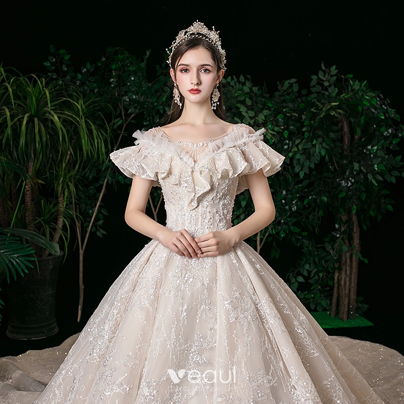 Elegant Champagne See-through Bridal Wedding Dresses 2020 Ball Gown ...