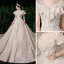 Élégant Champagne Transparentes La Mariée Robe De Mariée 2020 Robe Boule Encolure Carrée Manches Courtes Dos Nu Appliques En Dentelle Glitter Tulle Perlage Cathedral Train Volants