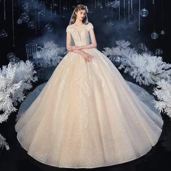 Chic Belle Champagne Transparentes La Mariée Robe De Mariée 2020 Robe Boule Encolure Dégagée Manches Courtes Dos Nu Feuille Appliques En Dentelle Perlage Glitter Tulle Cathedral Train Volants
