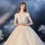 Chic / Belle Champagne Transparentes La Mariée Robe De Mariée 2020 Robe Boule Encolure Dégagée Manches Courtes Dos Nu Feuille Appliques En Dentelle Perlage Glitter Tulle Cathedral Train Volants