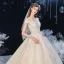 Chic / Belle Champagne Transparentes La Mariée Robe De Mariée 2020 Robe Boule Encolure Dégagée Manches Courtes Dos Nu Feuille Appliques En Dentelle Perlage Glitter Tulle Cathedral Train Volants