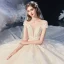 Chic / Belle Champagne Transparentes La Mariée Robe De Mariée 2020 Robe Boule Encolure Dégagée Manches Courtes Dos Nu Feuille Appliques En Dentelle Perlage Glitter Tulle Cathedral Train Volants