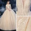Chic / Belle Champagne Transparentes La Mariée Robe De Mariée 2020 Robe Boule Encolure Dégagée Manches Courtes Dos Nu Feuille Appliques En Dentelle Perlage Glitter Tulle Cathedral Train Volants