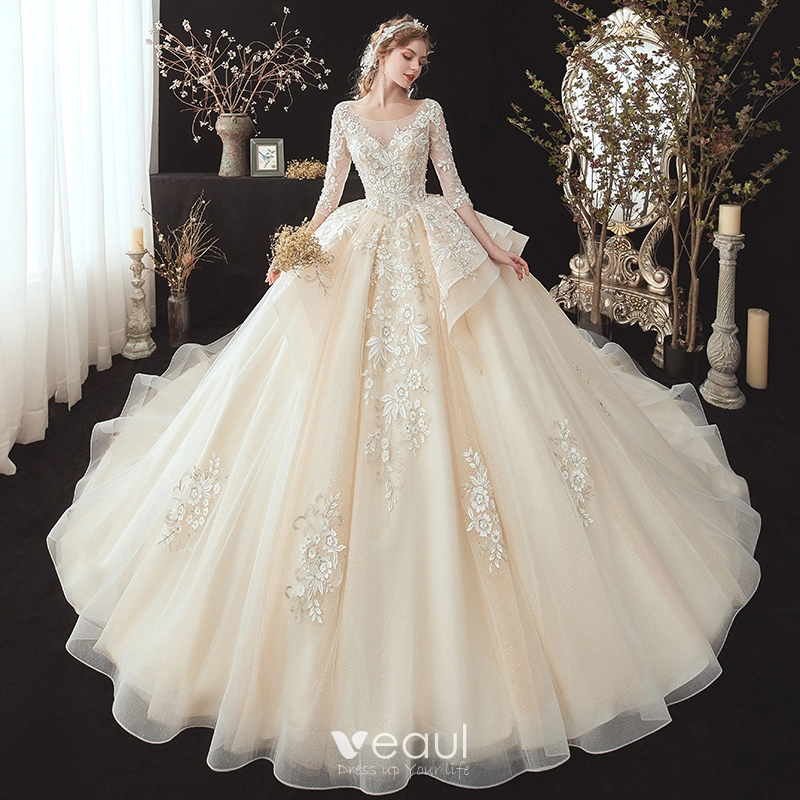Tulle Ball Gown Romantic See Through Appliques Wedding Dress