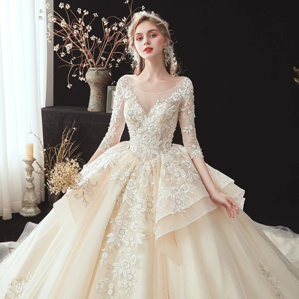Romantic Champagne See-through Bridal Wedding Dresses 2020 Ball Gown Scoop Neck 3/4 Sleeve Backless Flower Appliques Lace Beading Glitter Tulle Cathedral Train Ruffle