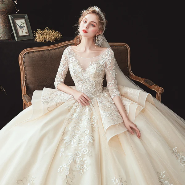 Romantic Champagne See-through Bridal Wedding Dresses 2020 Ball Gown Scoop Neck 3/4 Sleeve Backless Flower Appliques Lace Beading Glitter Tulle Cathedral Train Ruffle