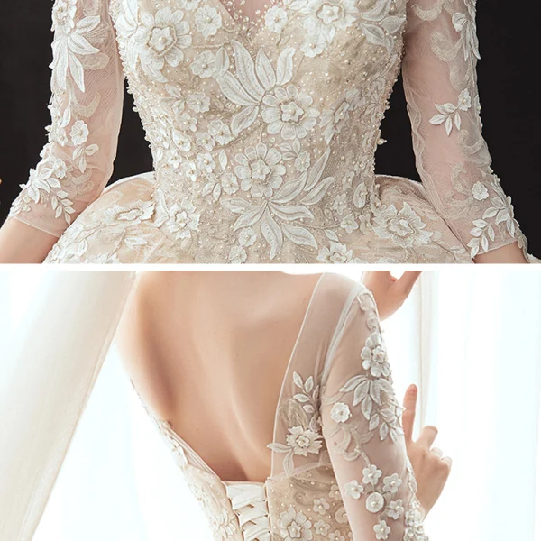 Romantic Champagne See-through Bridal Wedding Dresses 2020 Ball Gown Scoop Neck 3/4 Sleeve Backless Flower Appliques Lace Beading Glitter Tulle Cathedral Train Ruffle