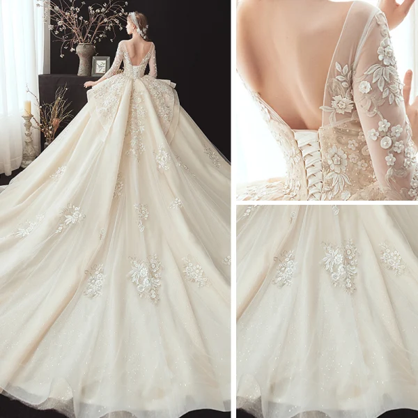 Romantic Champagne See-through Bridal Wedding Dresses 2020 Ball Gown Scoop Neck 3/4 Sleeve Backless Flower Appliques Lace Beading Glitter Tulle Cathedral Train Ruffle