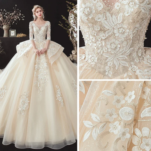 Romantic Champagne See-through Bridal Wedding Dresses 2020 Ball Gown Scoop Neck 3/4 Sleeve Backless Flower Appliques Lace Beading Glitter Tulle Cathedral Train Ruffle