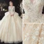 Romantic Champagne See-through Bridal Wedding Dresses 2020 Ball Gown Scoop Neck 3/4 Sleeve Backless Flower Appliques Lace Beading Glitter Tulle Cathedral Train Ruffle