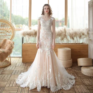 Best Champagne See Through Bridal Wedding Dresses 2020 Trumpet Mermaid Square Neckline Sleeveless Backless Flower Appliques Lace Court Train Ruffle