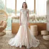 Best Champagne See-through Bridal Wedding Dresses 2020 Trumpet / Mermaid Square Neckline Sleeveless Backless Flower Appliques Lace Court Train Ruffle