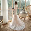 Best Champagne See-through Bridal Wedding Dresses 2020 Trumpet / Mermaid Square Neckline Sleeveless Backless Flower Appliques Lace Court Train Ruffle