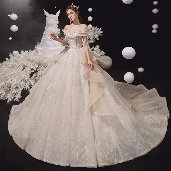Luxury / Gorgeous Champagne Bridal Wedding Dresses 2020 Ball Gown Off-The-Shoulder Short Sleeve Backless Appliques Lace Beading Glitter Tulle Chapel Train Ruffle