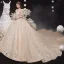 Style Victorien Champagne Transparentes La Mariée Robe De Mariée 2020 Robe Boule Encolure Dégagée Gonflée Manches Courtes Dos Nu Appliques En Dentelle Paillettes Perlage Cathedral Train Volants
