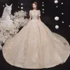 Victorian Style Champagne See-through Bridal Wedding Dresses 2020 Ball Gown Scoop Neck Puffy Short Sleeve Backless Appliques Lace Sequins Beading Cathedral Train Ruffle