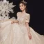 Style Victorien Champagne Transparentes La Mariée Robe De Mariée 2020 Robe Boule Encolure Dégagée Gonflée Manches Courtes Dos Nu Appliques En Dentelle Paillettes Perlage Cathedral Train Volants