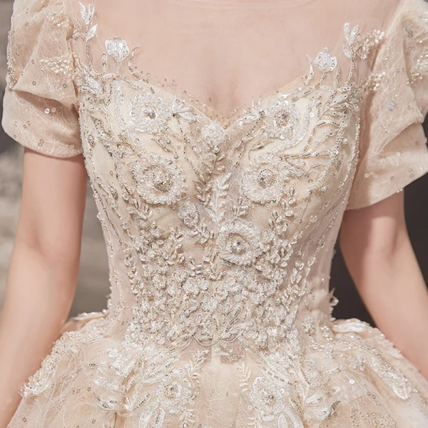 Style Victorien Champagne Transparentes La Mariée Robe De Mariée 2020 Robe Boule Encolure Dégagée Gonflée Manches Courtes Dos Nu Appliques En Dentelle Paillettes Perlage Cathedral Train Volants