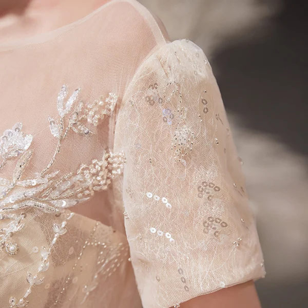 Style Victorien Champagne Transparentes La Mariée Robe De Mariée 2020 Robe Boule Encolure Dégagée Gonflée Manches Courtes Dos Nu Appliques En Dentelle Paillettes Perlage Cathedral Train Volants