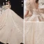 Style Victorien Champagne Transparentes La Mariée Robe De Mariée 2020 Robe Boule Encolure Dégagée Gonflée Manches Courtes Dos Nu Appliques En Dentelle Paillettes Perlage Cathedral Train Volants