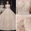Style Victorien Champagne Transparentes La Mariée Robe De Mariée 2020 Robe Boule Encolure Dégagée Gonflée Manches Courtes Dos Nu Appliques En Dentelle Paillettes Perlage Cathedral Train Volants