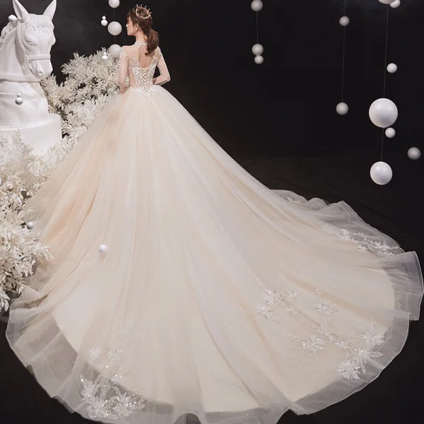 Illusion Champagne See-through Bridal Wedding Dresses 2020 Ball Gown High Neck Long Sleeve Backless Glitter Tulle Appliques Lace Beading Cathedral Train Ruffle