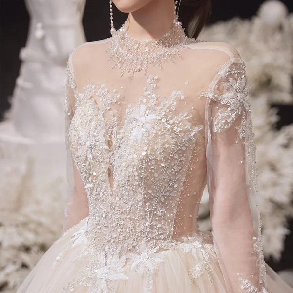 Illusion Champagne See-through Bridal Wedding Dresses 2020 Ball Gown High Neck Long Sleeve Backless Glitter Tulle Appliques Lace Beading Cathedral Train Ruffle