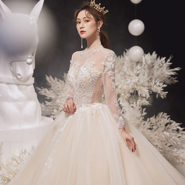 Illusion Champagne See-through Bridal Wedding Dresses 2020 Ball Gown High Neck Long Sleeve Backless Glitter Tulle Appliques Lace Beading Cathedral Train Ruffle