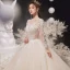 Illusion Champagne See-through Bridal Wedding Dresses 2020 Ball Gown High Neck Long Sleeve Backless Glitter Tulle Appliques Lace Beading Cathedral Train Ruffle