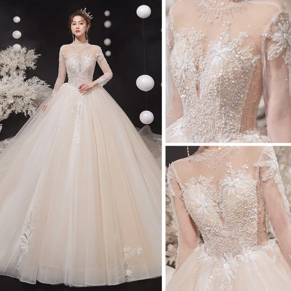 Illusion Champagne See-through Bridal Wedding Dresses 2020 Ball Gown High Neck Long Sleeve Backless Glitter Tulle Appliques Lace Beading Cathedral Train Ruffle