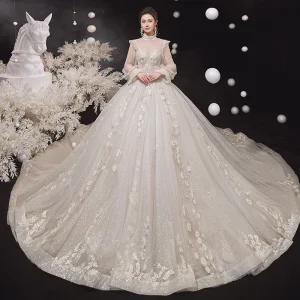 Vintage Originale Style Victorien Champagne Transparentes La Mariée Robe De Mariée 2020 Robe Boule Col Haut Gonflée Manches Longues Dos Nu Fleur Appliques En Dentelle Perlage Glitter Tulle Cathedral Train Volants