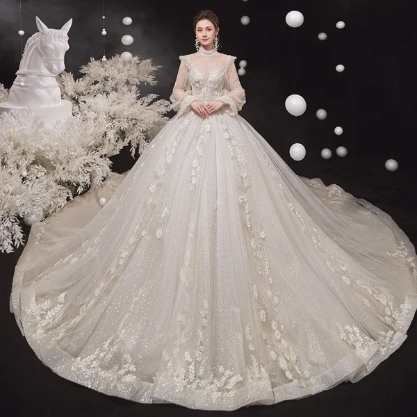 Vintage / Retro Victorian Style Champagne See-through Bridal Wedding Dresses 2020 Ball Gown High Neck Puffy Long Sleeve Backless Flower Appliques Lace