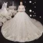 Vintage / Retro Victorian Style Champagne See-through Bridal Wedding Dresses 2020 Ball Gown High Neck Puffy Long Sleeve Backless Flower Appliques Lace Beading Glitter Tulle Cathedral Train Ruffle