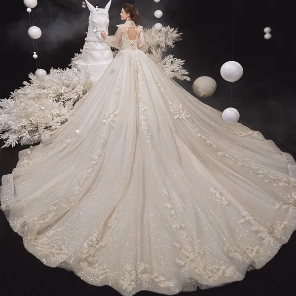 Vintage / Retro Victorian Style Champagne See-through Bridal Wedding Dresses 2020 Ball Gown High Neck Puffy Long Sleeve Backless Flower Appliques Lace Beading Glitter Tulle Cathedral Train Ruffle