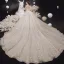 Vintage / Retro Victorian Style Champagne See-through Bridal Wedding Dresses 2020 Ball Gown High Neck Puffy Long Sleeve Backless Flower Appliques Lace Beading Glitter Tulle Cathedral Train Ruffle