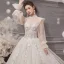 Vintage / Retro Victorian Style Champagne See-through Bridal Wedding Dresses 2020 Ball Gown High Neck Puffy Long Sleeve Backless Flower Appliques Lace Beading Glitter Tulle Cathedral Train Ruffle