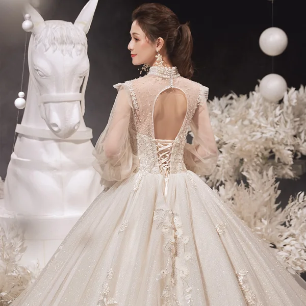 Vintage / Retro Victorian Style Champagne See-through Bridal Wedding Dresses 2020 Ball Gown High Neck Puffy Long Sleeve Backless Flower Appliques Lace Beading Glitter Tulle Cathedral Train Ruffle