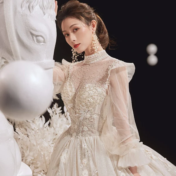 Vintage / Retro Victorian Style Champagne See-through Bridal Wedding Dresses 2020 Ball Gown High Neck Puffy Long Sleeve Backless Flower Appliques Lace Beading Glitter Tulle Cathedral Train Ruffle
