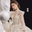 Vintage / Retro Victorian Style Champagne See-through Bridal Wedding Dresses 2020 Ball Gown High Neck Puffy Long Sleeve Backless Flower Appliques Lace Beading Glitter Tulle Cathedral Train Ruffle