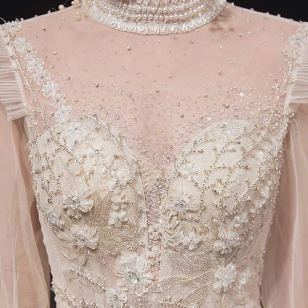 Vintage / Retro Victorian Style Champagne See-through Bridal Wedding Dresses 2020 Ball Gown High Neck Puffy Long Sleeve Backless Flower Appliques Lace Beading Glitter Tulle Cathedral Train Ruffle