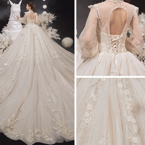 Vintage / Retro Victorian Style Champagne See-through Bridal Wedding Dresses 2020 Ball Gown High Neck Puffy Long Sleeve Backless Flower Appliques Lace Beading Glitter Tulle Cathedral Train Ruffle