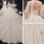 Vintage / Retro Victorian Style Champagne See-through Bridal Wedding Dresses 2020 Ball Gown High Neck Puffy Long Sleeve Backless Flower Appliques Lace Beading Glitter Tulle Cathedral Train Ruffle