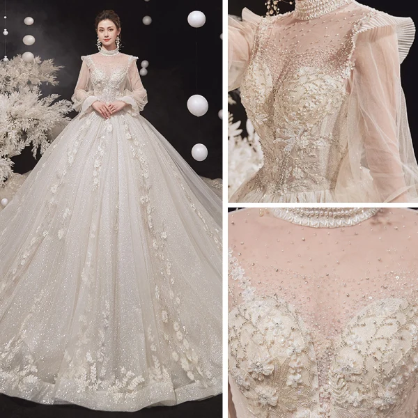 Vintage / Retro Victorian Style Champagne See-through Bridal Wedding Dresses 2020 Ball Gown High Neck Puffy Long Sleeve Backless Flower Appliques Lace Beading Glitter Tulle Cathedral Train Ruffle