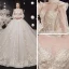 Vintage / Retro Victorian Style Champagne See-through Bridal Wedding Dresses 2020 Ball Gown High Neck Puffy Long Sleeve Backless Flower Appliques Lace Beading Glitter Tulle Cathedral Train Ruffle